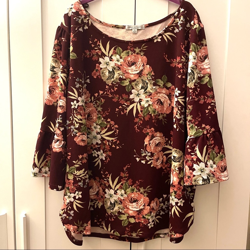 Burgundy Bell Sleeve Floral Blouse